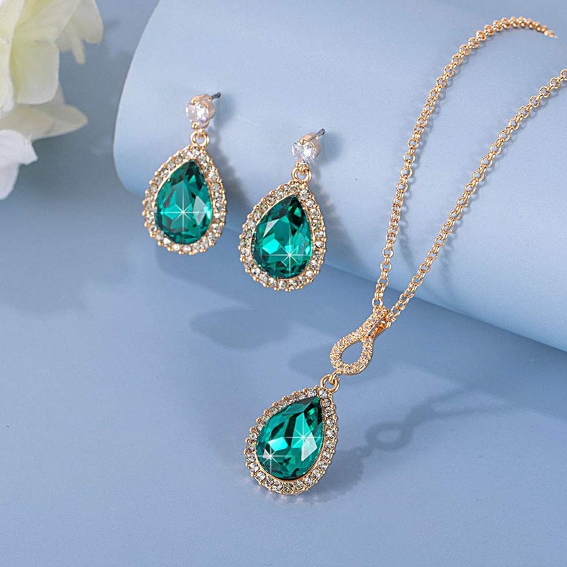 EVEVIC Austrian Crystals Teardrop Pendant Necklace Earrings for Women 14K Gold Plated Hypoallergenic Jewelry Set (Green) - Image 5
